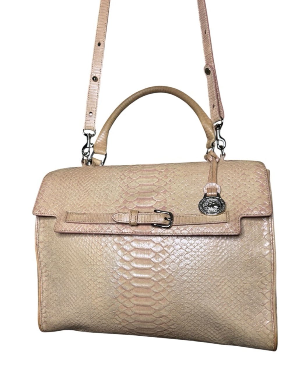 Brahmin Embossed Leather Satchel Tan Python Texture Crossbody Bag Classic